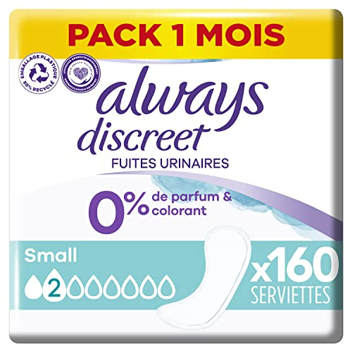 Always Discreet 0%, 160 Serviettes Hygiéniques Incontinence Femme, Small 2 Gouttes, Protection Absorbante pour Fuites Urinaires Légères ou post accouchement, Pack 1 Mois