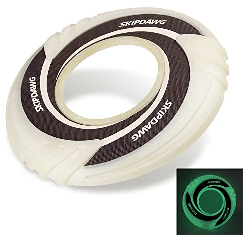 SKIPDAWG Glow Flyer - Juguetes interactivos para perros con disco volador para perros – Flota en agua y seguro en los dientes, juguetes de playa para jugar al aire libre y hacer ejercicio