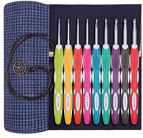 Aeelike 9 Stück Häkelnadel Set mit Weichem Griff, Lange Ergonomische Häkelnadeln mit Schön Tasche für Arthritische Hände, 2,0-6,0 mm Starter Häkelnadeln mit Aluminium-Hakenkopf für Anfänger und Profis