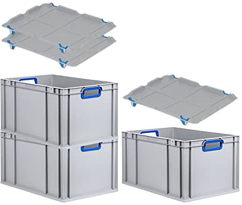 PROREGAL SuperSparSet 3x Eurobox NextGen Color mit Auflagedeckel & Schiebeschnappverschlüsse, HxBxT 32x40x60cm, 65L, Griffe blau offen, Verstärkter Boden, Eurobehälter Transportbox Transportbehälter