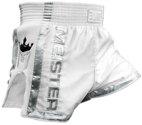 Meister Elite Muay Thai-Shorts, voll elastischer Bund mit Netzstoff, weiß/Silber, 34-35