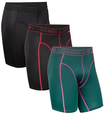 DANISH ENDURANCE Mens Boxers, Anti Chafing, Long Leg or Regular, Sports Underwear Men, Running Boxers, 3 Pack, Multicolor (1x Black, 1x Black/Red, 1x Green) Longer Legs, Large