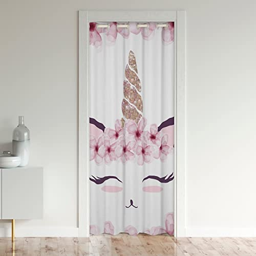 Enfants Licorne Rideau de Porte 86x203cm Fantastique Cheval Rideaux Interieur Salon Chambre Fille Cute Licorne Rose Cerises Floraison RideauxExterieur d'entrée