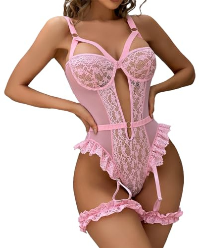 Satohom Donna Lingerie Reggicalze Body Sexy in Pizzo Teddy Bodysuit con Ferretto Taglia Unica Babydoll Scollo a V Maglia Completi Intimi Hot Prospettiva Biancheria Intima con Giarrettiera