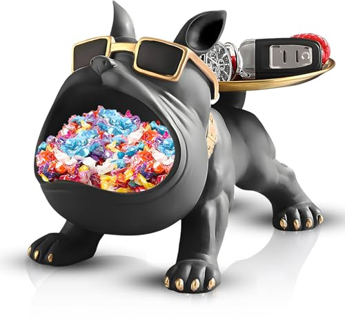 Huhote Fransk bulldogg figurstaty, bulldoggsbricka dekoration, hundskulptur nyckelskål för vardagsrum, entré eller kontor, skrivbordsdekoration (svart)