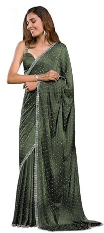 TRENDMALLS Dam satin Zarkan Siroski arbete sari med osydd blusdel, Mehndi, One Size