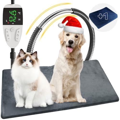 YFFU Pet Heating Pad 70x45cm Auto Shut Off, 30℃~60℃ Adjustable Temperature & 13-Level Timer Dog Heat Pad, Heated Cat Bed with Chew Resistant Steel Cord, Washable 2 Crystal Velvet Covers Warming Mat