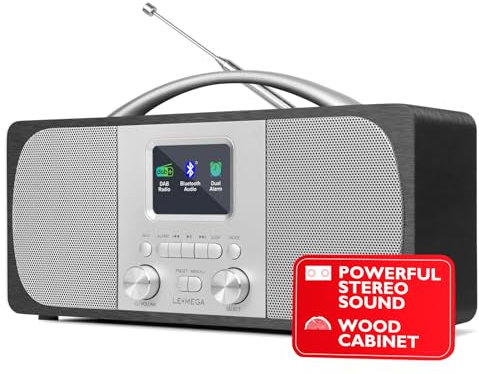 DAB Radio Mains Powered | Digital Radios Mains and Battery | DAB+ Radio Alarm Clock | FM Radio,Bluetooth,Dual Alarm | Powerful Stereo | Acoustic Wood Cabinet | 40 Presets,Headphone Jack | LEMEGA