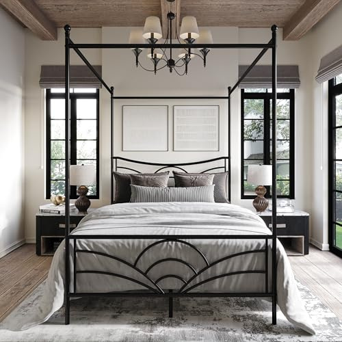 HOME DESIGN Denver Full Size Metal Canopy Bed Frame with Wave Stripe Headboard & Footboard, Slatted Platform, No Box Spring, Modern Sturdy Metal Frame, Black