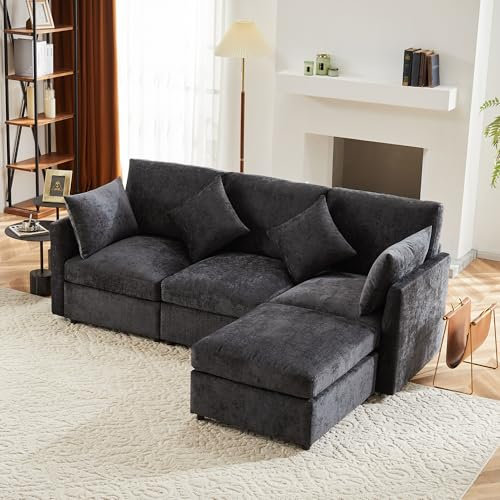 Idemon Sofá de tela de chenilla de diseño moderno, sofá de tres plazas, sofá de cuatro plazas, sofá de esquina en forma de L con reposapiés, adecuado para apartamentos (gris)