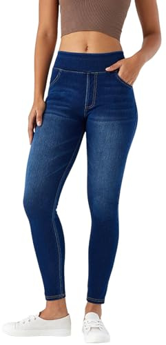 Jean skinny à enfiler pour femme - Legging extensible avec taille haute - Jegging tendance avec poches - Pantalon en jean stretch pour femme