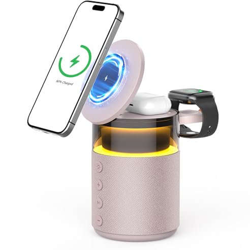 Altoparlante Bluetooth 3 in 1 con luce notturna e stazione di ricarica induttiva – compatible con iPhone 17/16/15/14/13/12 Pro Max, Apple Watch e Earbuds con ricarica wireless, adattatore da 33W Rosa