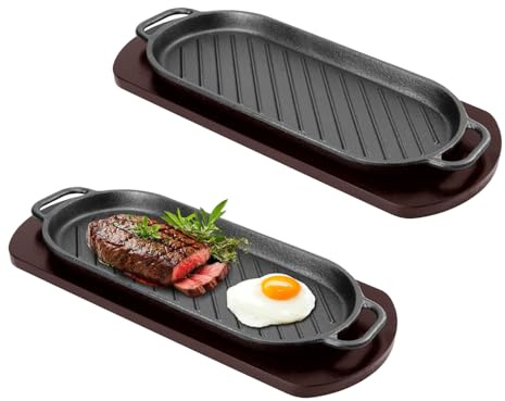 DVK Fajita Skillet Sizzling Plate with Wooden Base for Steak Plate Home Restaurant Kitchen Cooking (2PCS)