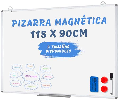 JUPPLIES Pizarra Blanca Magnética de Pared 115 x 90 cm | Marco de Aluminio, Bandeja, 1 Rotulador, 2 Imanes y Borrador | Pizarra Magnética Infantil, Cocina, Oficina y Escuela - Whiteboard