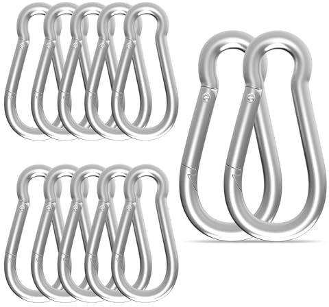 High-PQ 12PCS Heavy-Duty Carabiner Clips, 8CM Spring Snap Hook, Silver | M8 Galvanised Steel Clips, 550KG Capacity, Ideal for Hammocks, Swings & Outdoor Travel