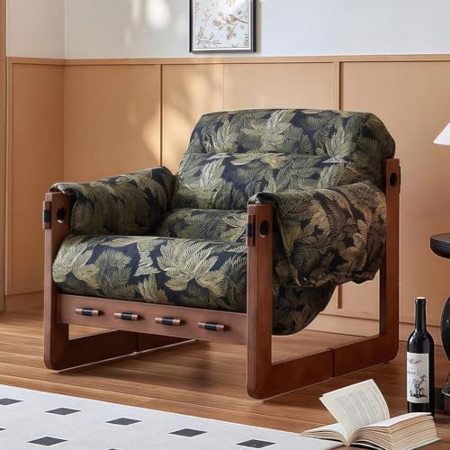 Mid Century Armchair, Fabric Accent Chair for Living Room, Occasional Chair with Solid Wood Legs, Lounge Reading Chairs for Bedroom, Palm Leaves
