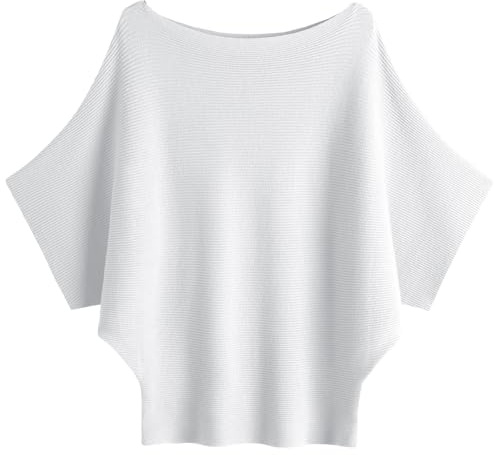 SUNSESS Maglione con maniche a pipistrello da donna con scollo a barchetta, bianco, Taglia unica