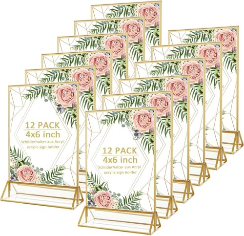 Oungy 12 expositores de mesa transparentes A6, 10 x 15 cm, números de mesa de acrílico para bodas con borde dorado, marcos de fotos de pie dorado A6, soporte para menús en T de doble cara para fotos