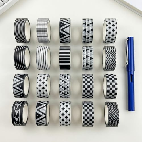 Hontaog 20 rullar Vintage Washi Tape Set, Svartvitt Retro Serie Dekorativ Dekal, Dekal Självhäftande Tape För Scrapbooking, Bullet Journal, DIY Hantverk