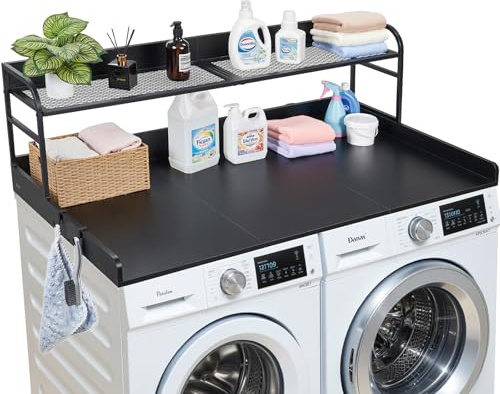 VEVOR Piano di Lavoro per Lavatrice e Asciugatrice 137 x 69,9 cm, Piano d'Appoggio per Lavatrice con Bordi Rialzati e Ganci Pratici, Copertura in Legno Liscio per Organizzazione della Lavanderia, Nero