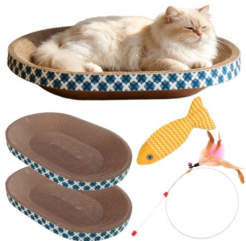 Spindro Cat Scratcher Bed with Toys, 2 Pack Oval Cat Scratcher Cardboard, Indoor Cat Scratch Bowl, Large Pad Cat Scratching Board with Catnip Fish Toy & Feather Wand for Furniture Protector