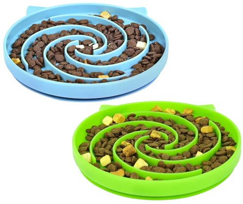 Alaoo Silicone Slow Feeder Cat Bowl, 2Pcs Anti Choking Puzzle Cat Food Bowl with Non-Slip Base, Silicone Dog Feeding Bowl for Puppies & Cats, Grass Green+Lake Blue