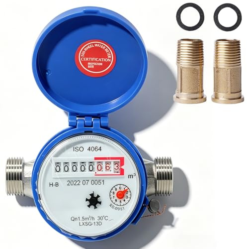 Contador de agua para jardín, 1/2 pulgadas, 15 mm, calibrado, medidor de agua fría con funda protectora y grifos, contador de grifo, juego de reloj de agua para casa, jardín y uso doméstico