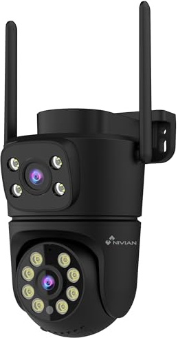 NIVIAN Cámara Vigilancia Exterior WiFi Dual 3MP SuperHD 2K con Doble Lente – Sin Ángulos Muertos, Seguimiento Automático IA, Audio Bidireccional, IP65, Control App Tuya (Negra)