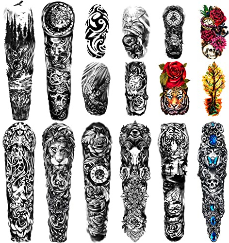 Extra Large waterproof Temporary Tattoos 8 Sheets Full Arm Fake Tattoos and 8 Sheets Half Arm Tattoo Stickers for Men and Women (22.83X7.1)