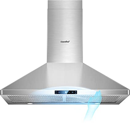 COMFEE' CVP30W7AST 30 Inch 450 CFM 3 Speed Gesture Sensing &Touch Control Panel Stainless Steel Wall Mount Ductless/Ducted Convertible Vent Baffle Filters and 2 LED Lights Range Hood