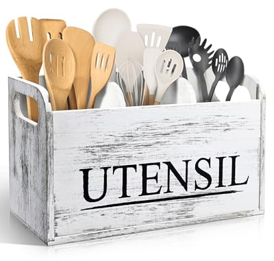 brekle White Kitchen Utensil Holder Rustic Large Wooden Utensil Organizer Cooking Tools Storage