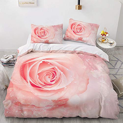 Luowei Sängkläder 135 x 200 cm, 4 delar rosa rosor aesthetic blommor blommor, sängkläder för dubbelsäng, mjukt mikrofiberpåslakan med dragkedja och 2 örngott 80 x 80 cm