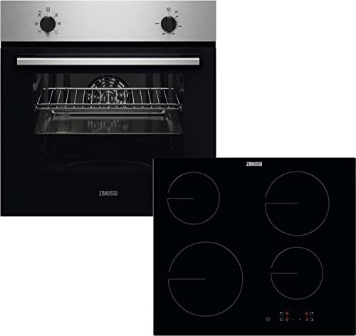 Zanussi ZPV2000BXA Built In Electric Single Oven and Ceramic Hob Pack, 58 Litre Capacity, Multifunctional Oven, Grease-proof Enamel Coating, 64cm, Stainless Steel / Black, [Energy Class A]
