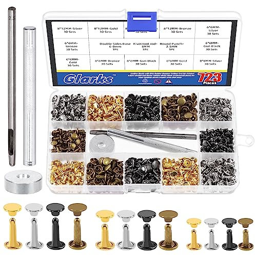 Glarks 360 Sets Ledernieten mit 3-teiligem Einstellwerkzeug-Set, 4 Farben, 3 Größen, Doppelkappennieten, röhrenförmige Metallnieten, Lederwaren, Nieten für Taschen, Kleidung, Schuhe, Lederhandwerk