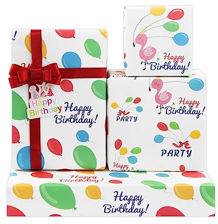 Happy Birthday Geschenkpapier,Alles Gute zum Geburtstag, 4 gefaltete Luftballons Geschenkpapierbögen mit Band und Karte, 50 x 70 cm pro Blatt für Kinder, Mädchen und Jungen