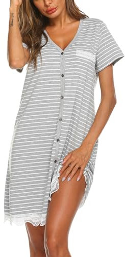 Ekouaer Camisones de Mujer Verano Manga Corta Ropa de Dormir Botones Camisón de Señora Raya Encaje, A-Raya1, XXL