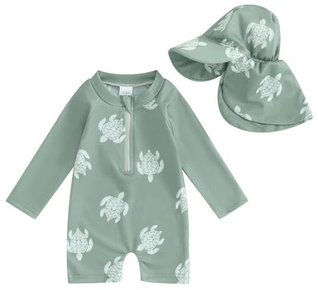 XIXIMAON Maillot de Bain Bébé Garçon Anti-UV Combinaison Natation Manches Longues et Chapeau de Bain Ensemble Piscine Plage Plongée Surf (Vert Tortue, 3-6 Months)
