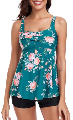 FLYILY Dam 2 delar tankini-set tvinnad framsida tankini-topp med pojkshorts magkontroll badkläder blommig baddräkt