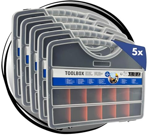 TronicXL 5 Stück Sortimentsbox 25 Fächer Sortierbox für Kleinteile I Innenteiler anpassbar I Werkstatt stapelbar Sortimentskasten Kleinteilemagazin Aufbewahrungsbox Box Schrauben Nägel Dübel