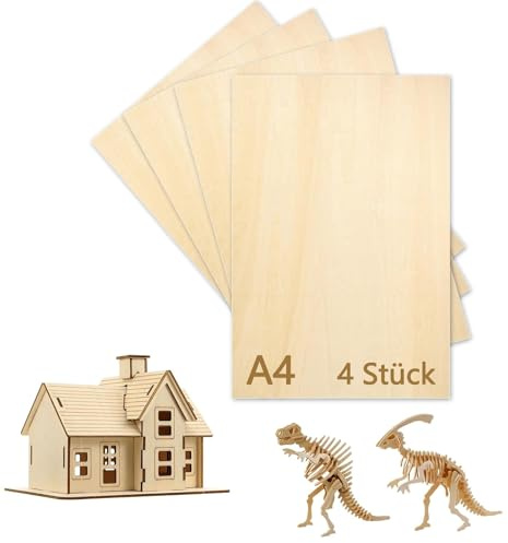 HSYTEK 4 Stück Sperrholzplatte 3 mm, A4 Sperrholz 30 x 21cm, Holzplatte zum Basteln, Dünne Spanplatte, Linde Bastelholz Platten, für DIY Holzarbeiten, Laserbearbeitung, Brandmalerei, Modellbau, Deko
