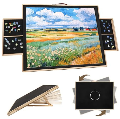 Jigsaw Puzzle Board 1500 Pieces, Wooden Jigsaw Board Adjustable and Rotatable, Portable Puzzle Table with Drawers & Dust Cover, Gifts for Adults Kids