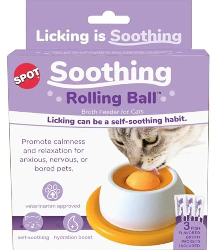 SPOT Soothing Rolling Ball Broth Feeder for Cats – Lickable Self-Soothing Toy for Anxious or Bored Cats, Promotes Calmness & Hydration, Includes Feeder + 3 Broth Tubes