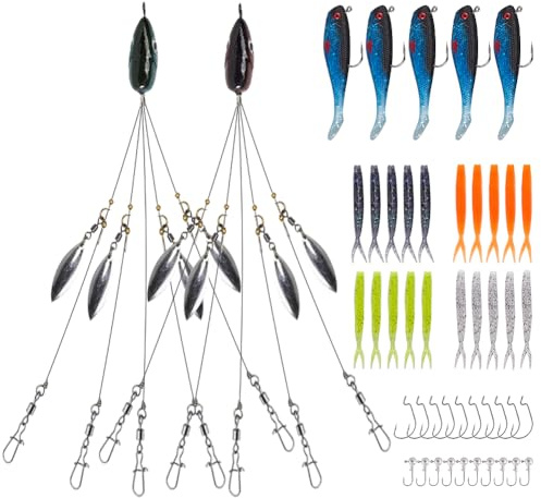 Blueshyhall 2 stycken 5 armar Alabama rigg fiskedrag med spinnblad, drag drag set fiskbeten rigg med 20 badbait, 5 gummibeten och 10 jiggkrokar, 10 offsetkrokar, Alabama rigg för gädda, gös, abas