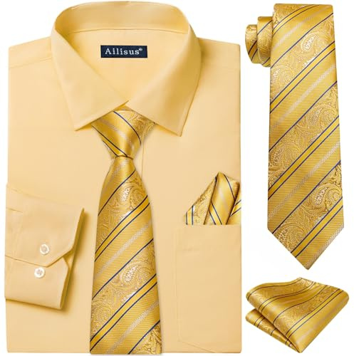 Ailisus Chemise à manches longues pour homme avec cravate, facile à repasser, coupe droite, extensible, chemise d'affaires, chemises de loisirs, pour costume de mariage