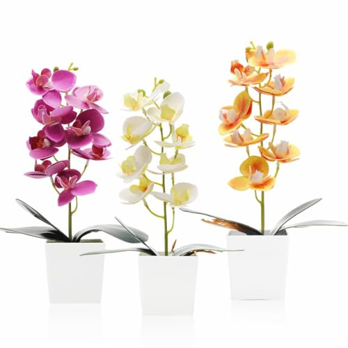 LOMUG Set med 3 orkidéer konstgjorda 30 cm konstgjorda blommor i kruka, konstgjorda blommor som äkta, konstgjorda orkidéer i kruka, konst orkidé phalaenopsis med ytterkruka konstgjord växt bröllop
