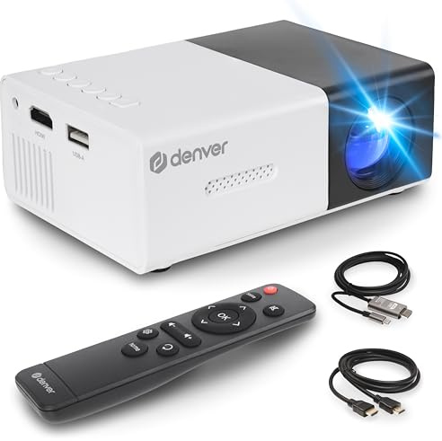 Denver PR-1000 Mini proyector LED, HDMI, USB, MicroSD, 30 ANSI lúmenes, lámpara LED hasta 30000 h, Compacto