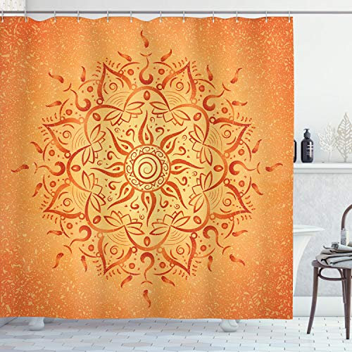 ABAKUHAUS Blatt Duschvorhang, Orange Mandala, Stoffliches Gewebe Badezimmerdekorationsset mit Haken, 175 x 180 cm, Orange