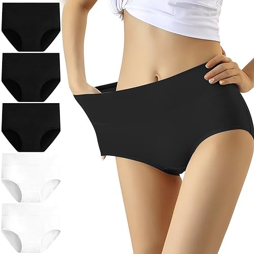 YouShow trosor dam 5-pack bomull hög midja underkläder trosor stretchandel, 3 x svart + 2 x vit, 3XL
