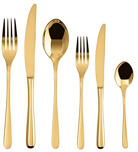 Sambonet Taste Tafelbesteck für 6 Personen, 36-teilig, 6 Tafellöffeln, 6 Tafelgabeln, 6 Tafelmessern, 6 Obstgabeln, 6 Obstmessern und 6 Teelöffeln, aus Edelstahl PVD-Finish, Spülmaschinenfest, Gold
