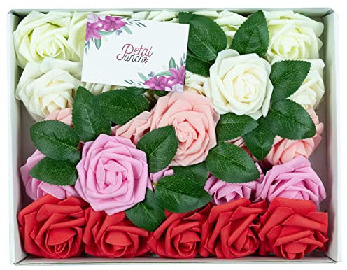PetalPunch Fake Roses Artificial Flowers - Pack of 25 Artificial Roses with stem and 8 Leaves, Foam Latex Rose Fake Flowers for Wedding Bouquets & Table Centerpieces (Series A Red Roses)